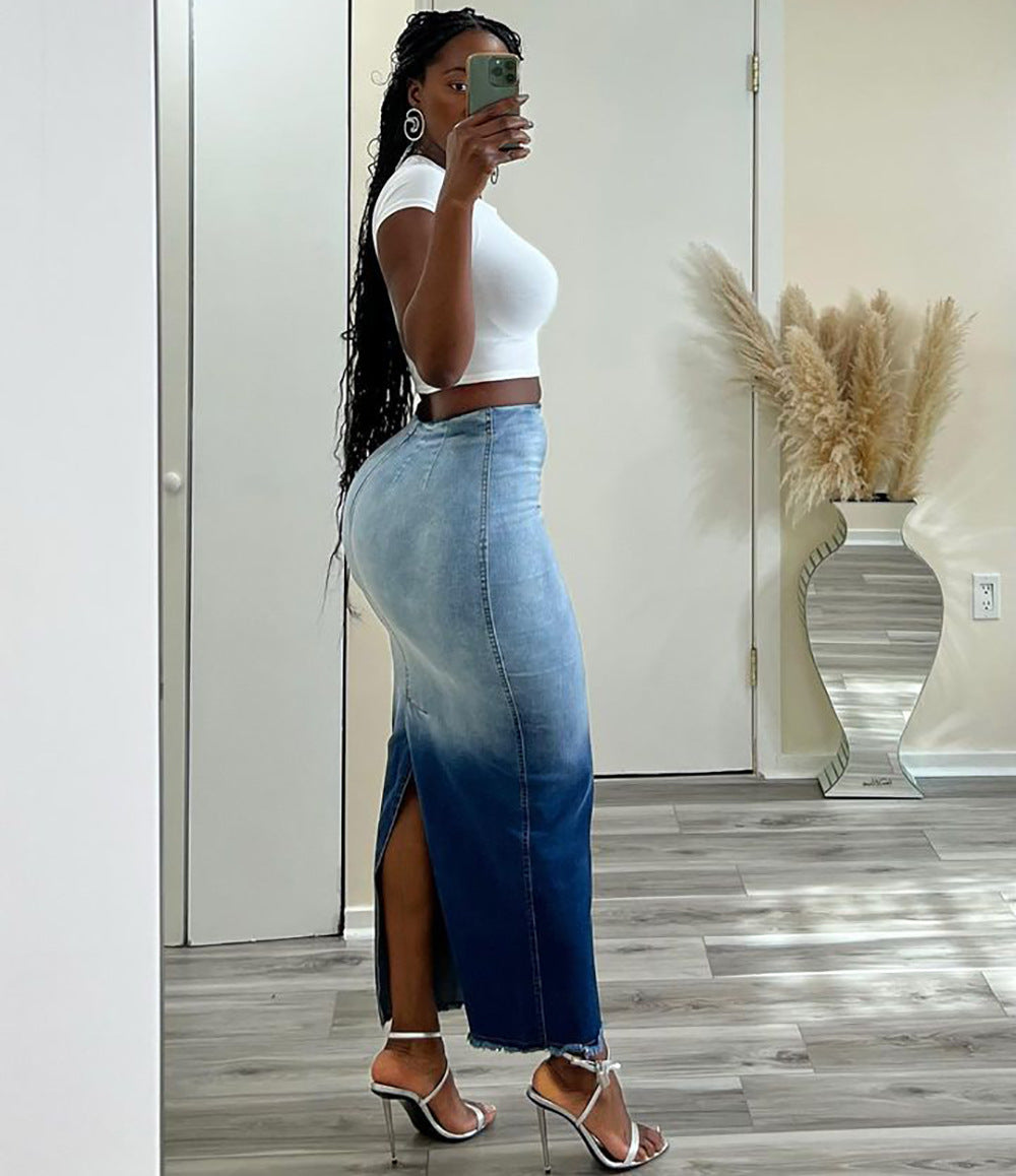 European and american cross-border women's fashion  summer new sexy denim skirt high-waisted gradient slit bodycon midi skirt