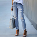 Ebay european and american cross-border  new arrival raw edge ripped silmslimming lookjeansstraight-leg nine-point pants  women