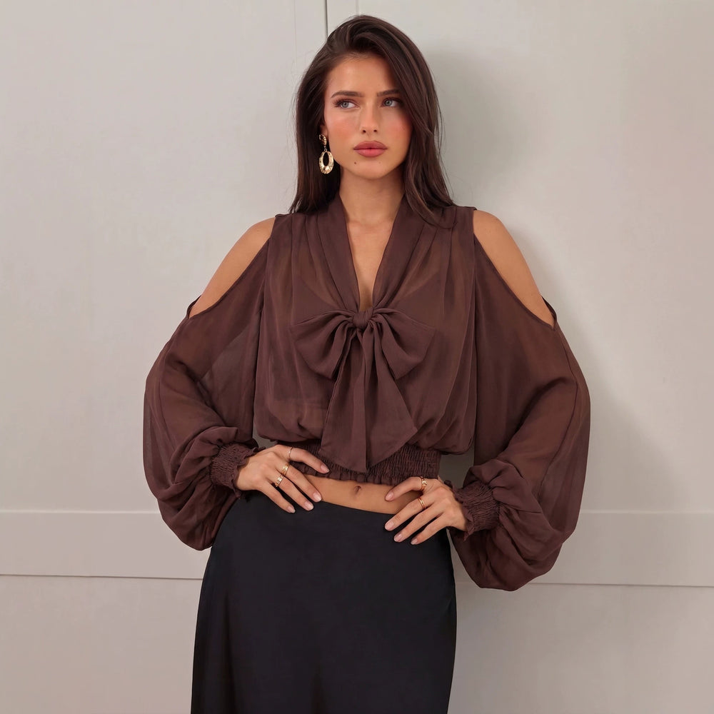 French sweet style bow tie v-neck blouse - women's long sleeve loose fit commute chic top - autumn  collection