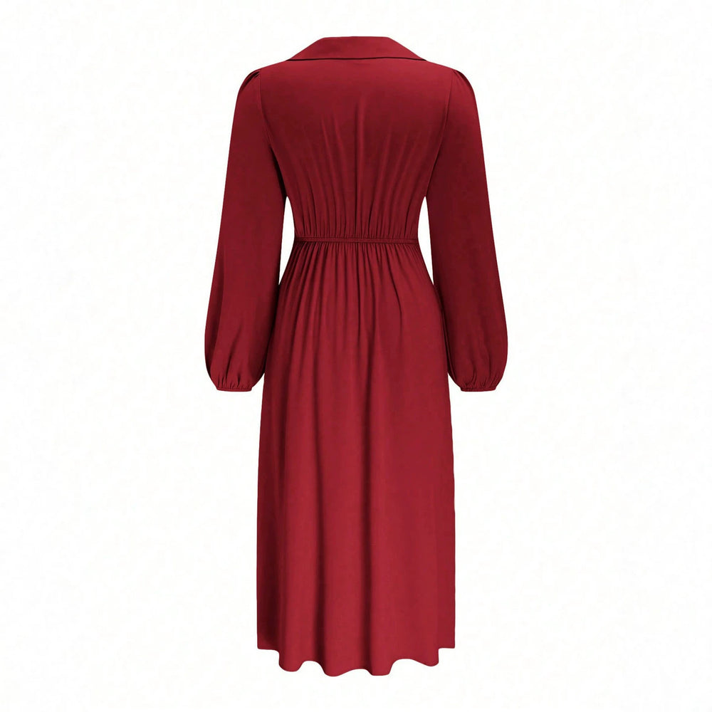 european and american plus size wine red lapel dress - v-neck wrap with twist detail, button closure, and lantern sleeves