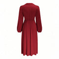 european and american plus size wine red lapel dress - v-neck wrap with twist detail, button closure, and lantern sleeves