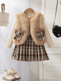 new summer cross-border fashion girls' fuzzy vest + knitted top + plaid skirt three-piece set
