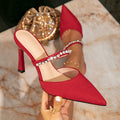 Women's red stiletto heel sandals - fashionable buckle detail, rhinestone embellishments, pointed toe, sexy and minimalist high heel sandals