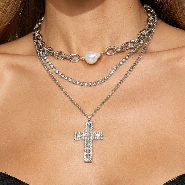 European and american cross-border jewelry: fashionable, light luxury, full diamond cross pendant necklace, multi-layered punk minimalist choker