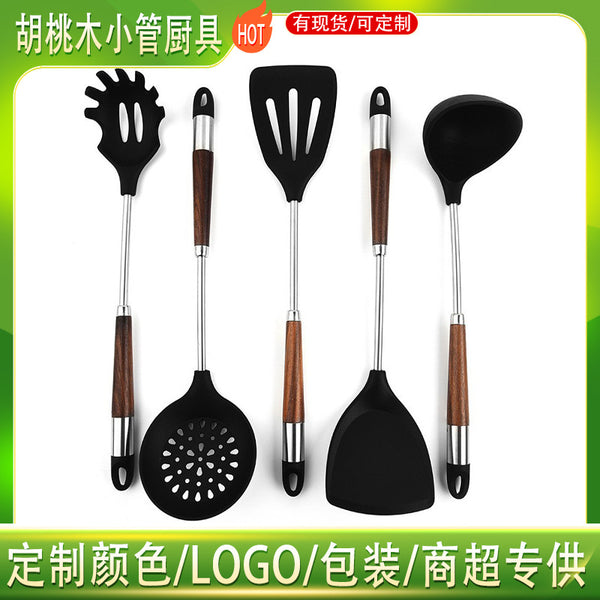New 304 wooden handle steel ring silicone kitchen utensils set household, kitchen tools non-stick pan with Chinese frying shovel