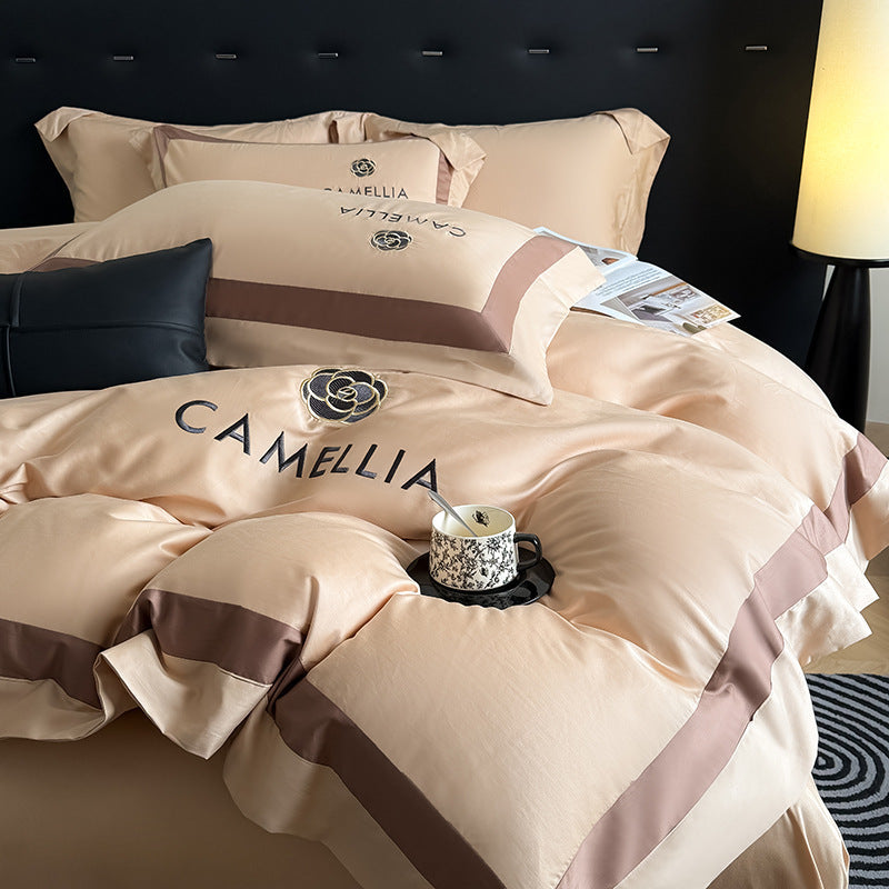 Solid color four-piece cotton light luxury high-end pure cotton quilt cover bed sheet villa model room master bedroom bedding