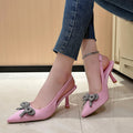 2026 new women's high heel sandals - pointed toe, ankle strap with bow, rhinestone chain detail, stiletto heel, low-cut pumps