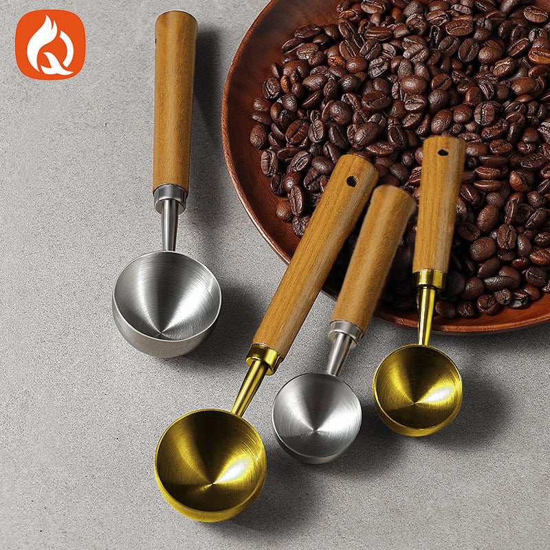 New 430 stainless steel round-head measuring spoon - home kitchen baking tool with beech wood handle for coffee, bean, and milk powder
