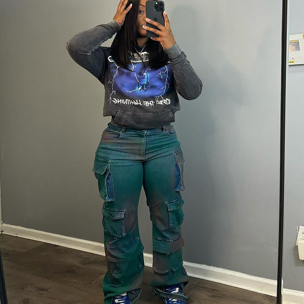 European and american cross-border women's fashion:  bestseller - trendy, unique, multi-pocket tie-dye denim jeans, high-waisted straight leg