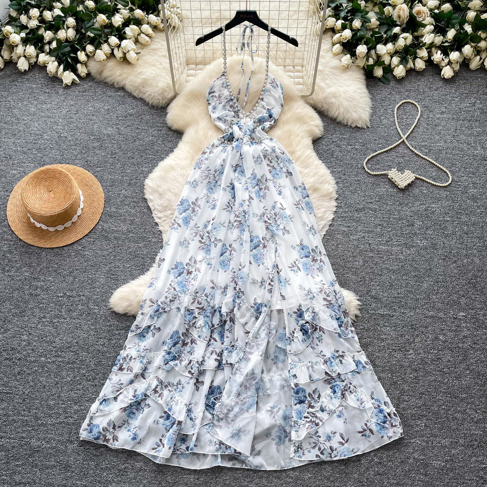 French holiday style v neckhalter floral dress women's summer beaded asymmetrical waist slimming lookruffles long skirt
