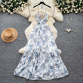 French holiday style v neckhalter floral dress women's summer beaded asymmetrical waist slimming lookruffles long skirt