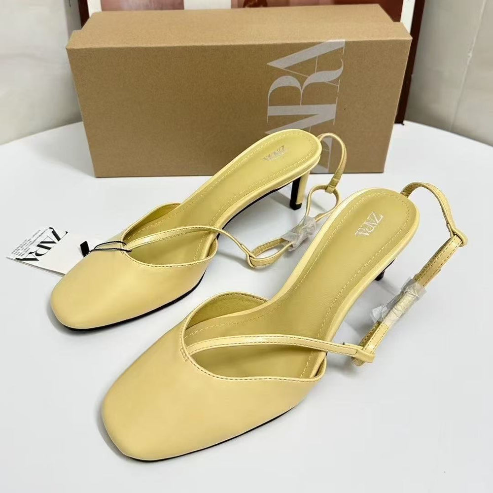 Za2025summer new round toe high heels stiletto toe cap flats sandals back strap buckle hollow women's flats