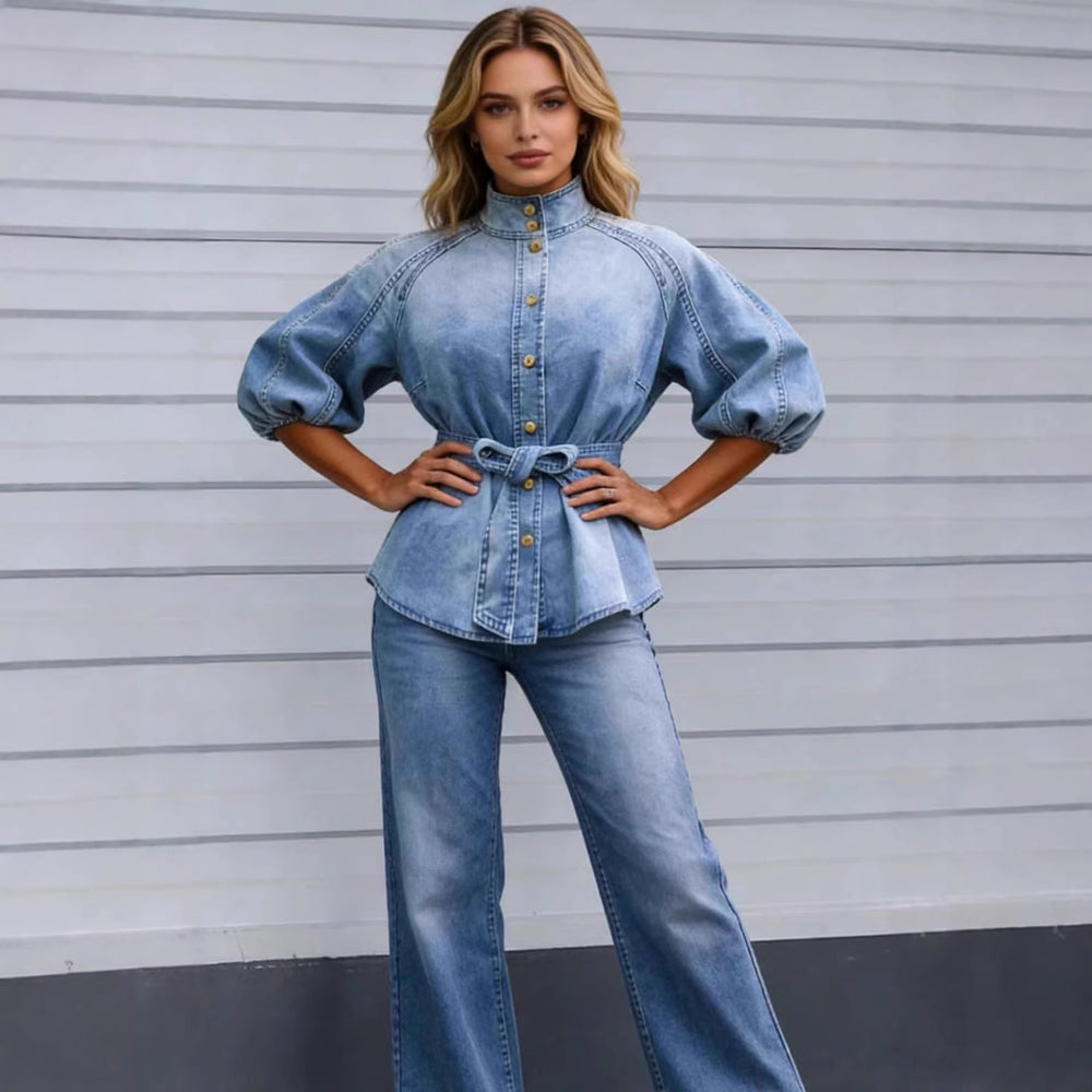 Fashion cross-border  foreign trade strap waist lantern sleeves nine-quarter sleeves easiest for matchretro denim shirt women's tops