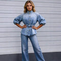 Fashion cross-border  foreign trade strap waist lantern sleeves nine-quarter sleeves easiest for matchretro denim shirt women's tops