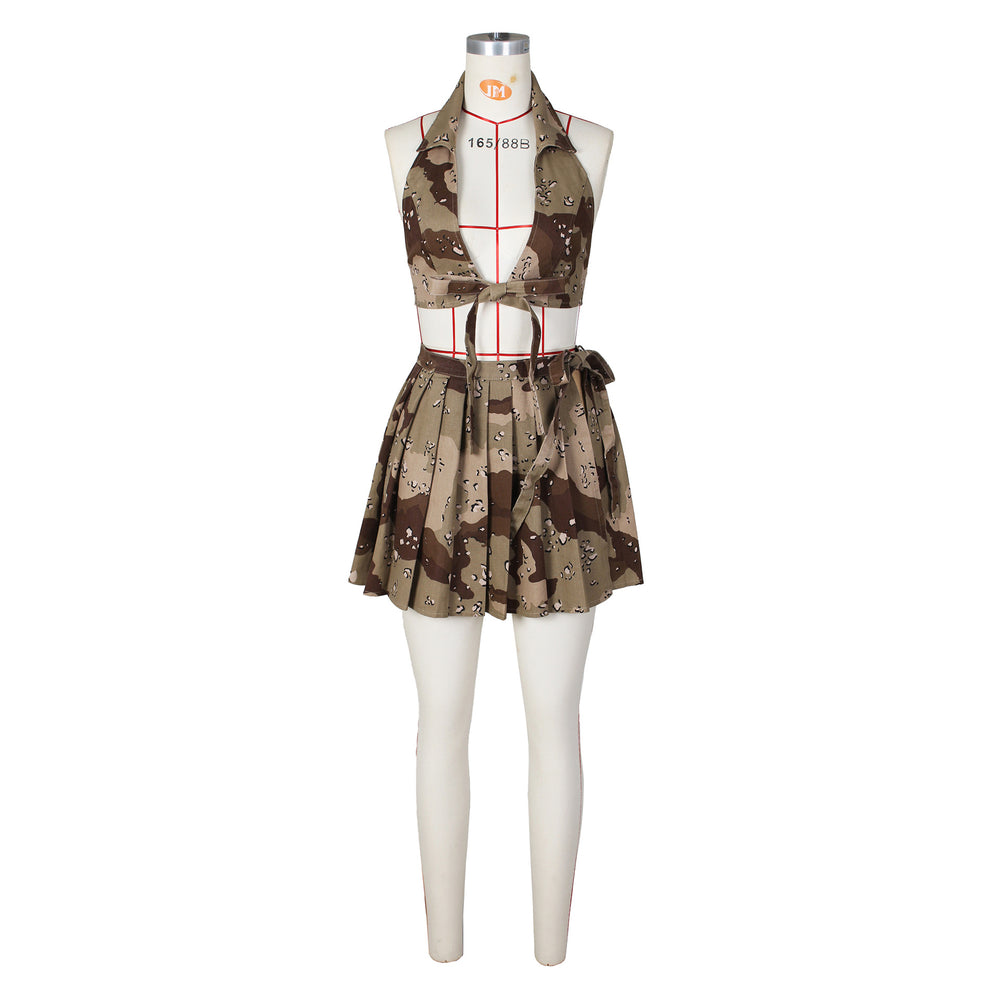 supply sexy european and american clothing camouflage naked back tie backpleated skirtfashionsuit