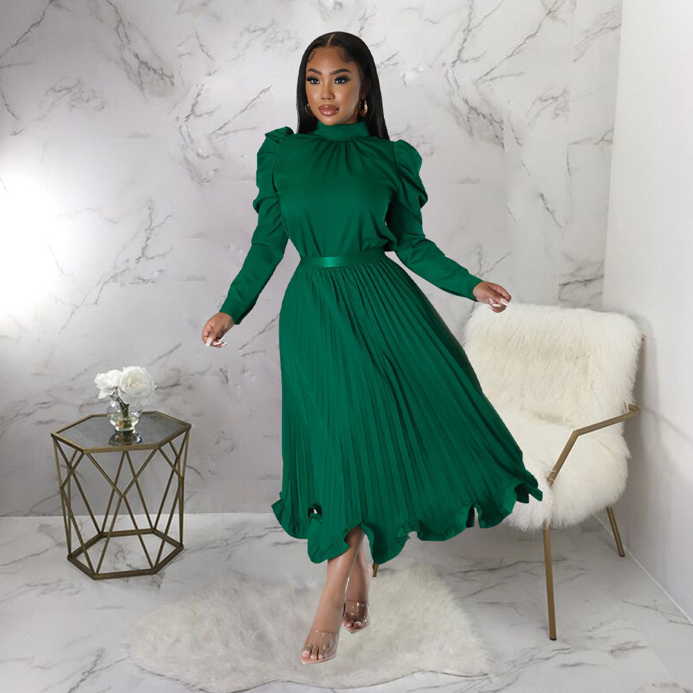 Q102 independent station cross-border women's winter puff sleeve topsruffles pleated skirt two-piece setfashionsuit