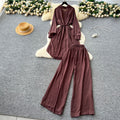 Fashionsuitfemalek-stylecasual lazy style strap waist mid-length hot diamond shirt high waist wide leg straight-leg pants