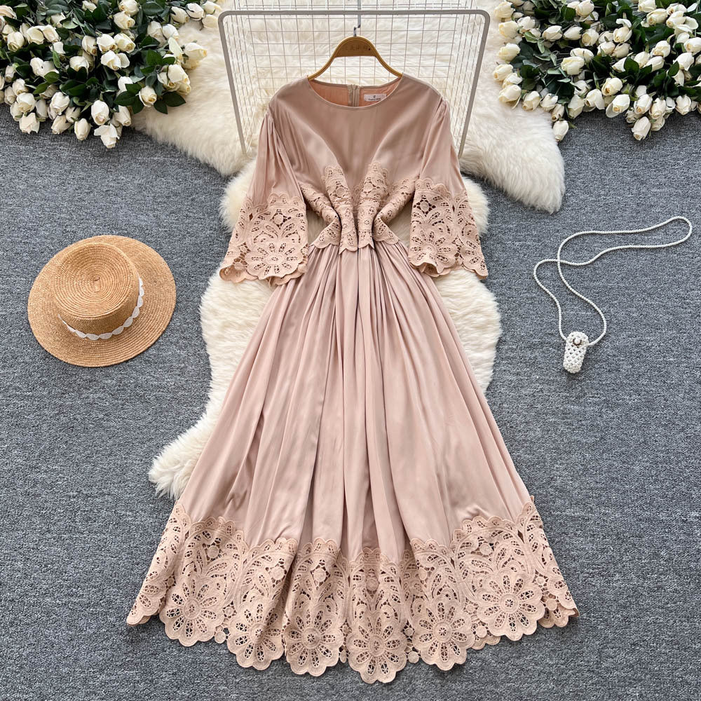 French court style three-quarter sleeve dress - women's summer mesh hollow-out crochet design, elegant flowy maxi dress