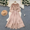French court style three-quarter sleeve dress - women's summer mesh hollow-out crochet design, elegant flowy maxi dress