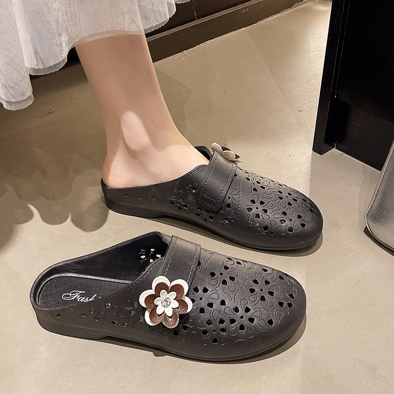 2026 new women's open-toe hollow-out flat sandals with colorful floral design - casual closed-toe slippers