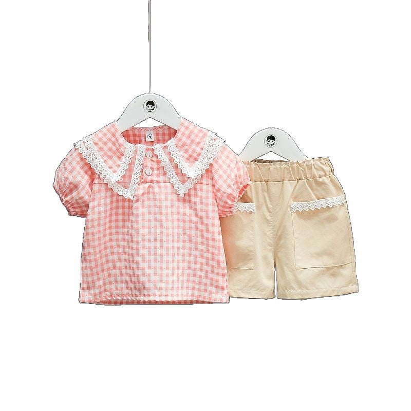 Girls' summer short-sleeve outfit:  new kids' stylish t-shirt and shorts fashionable two-piece trendy children's clothing set