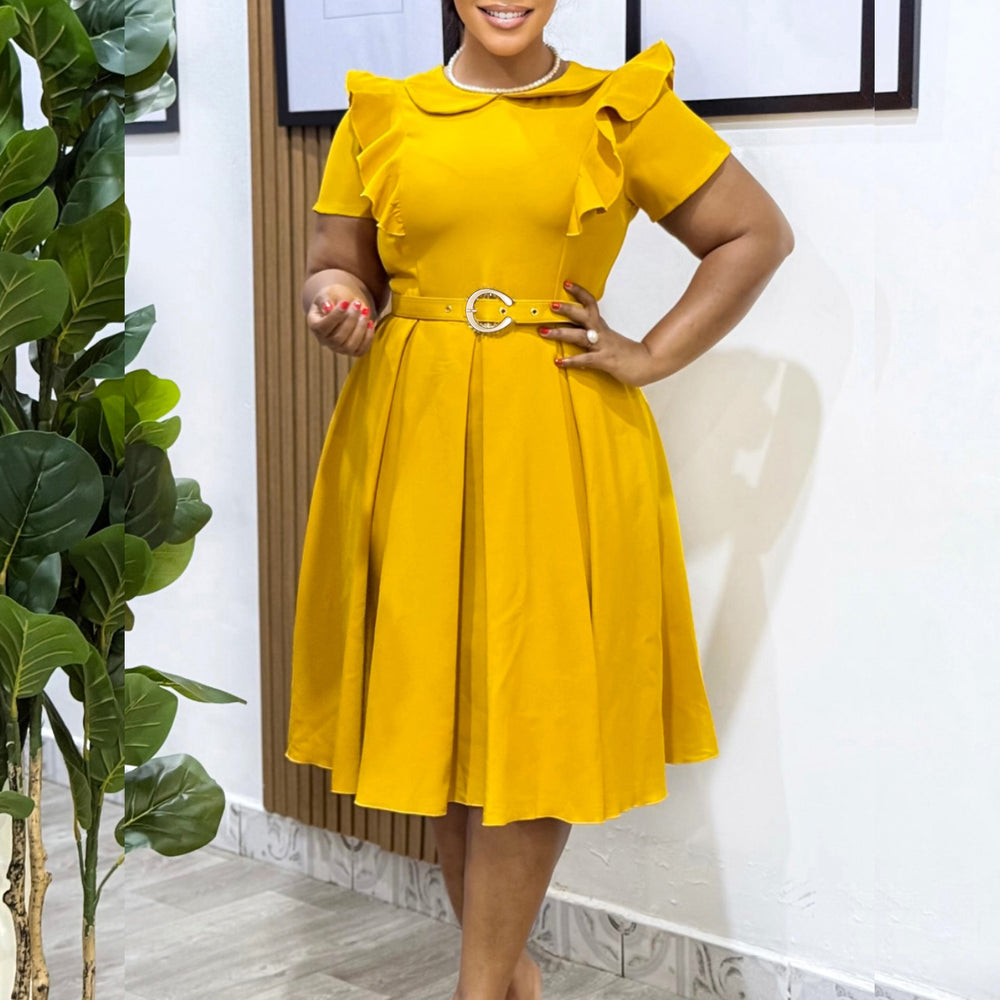 D583export women's clothing  short-sleeved doll collar pure color short-sleeved ruffles high waist large hem fashion dress