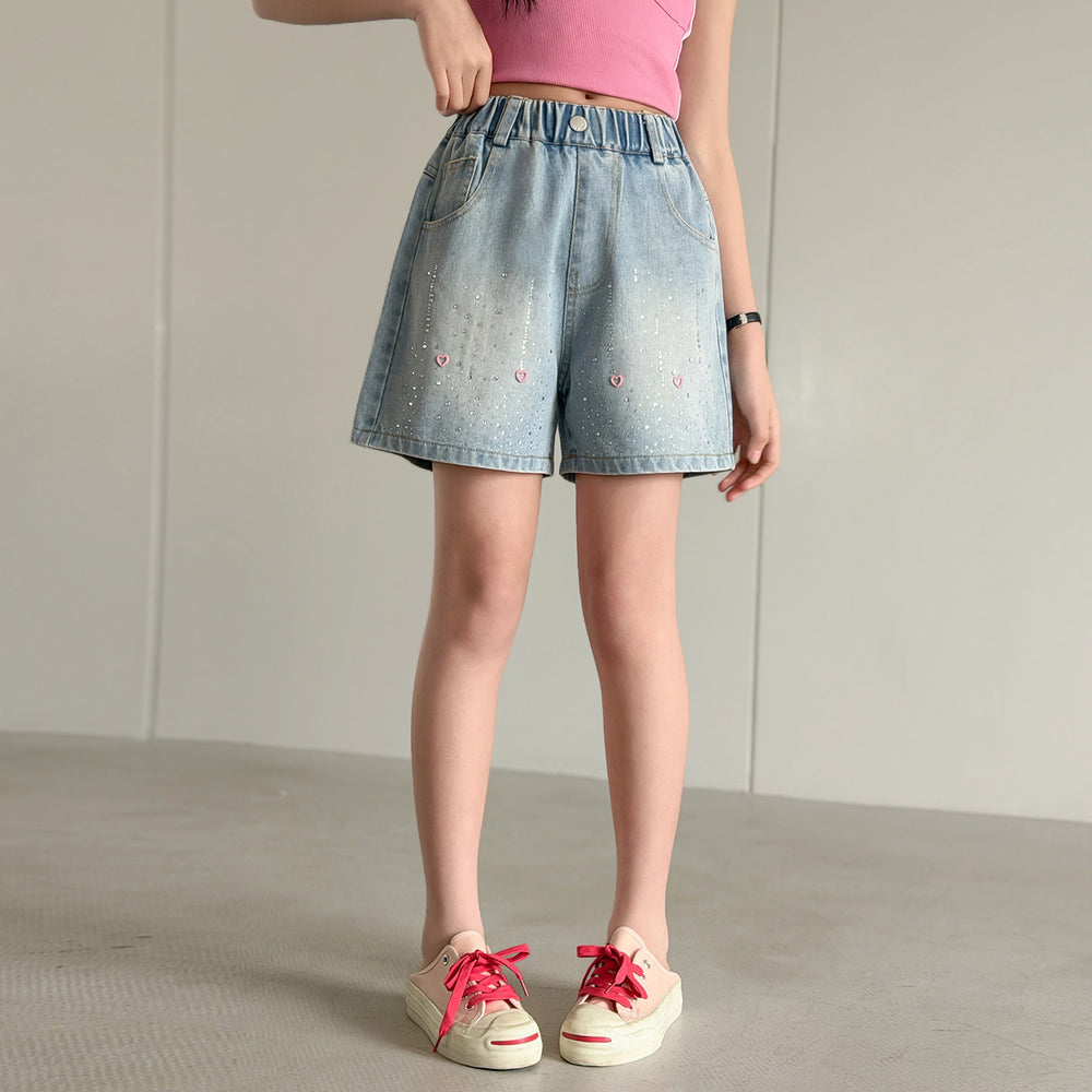 Girls' denim shorts - summer lightweight kids' pants,  new stylish design, cute rhinestone hot pants for older girls, perfect for outdoor wear
