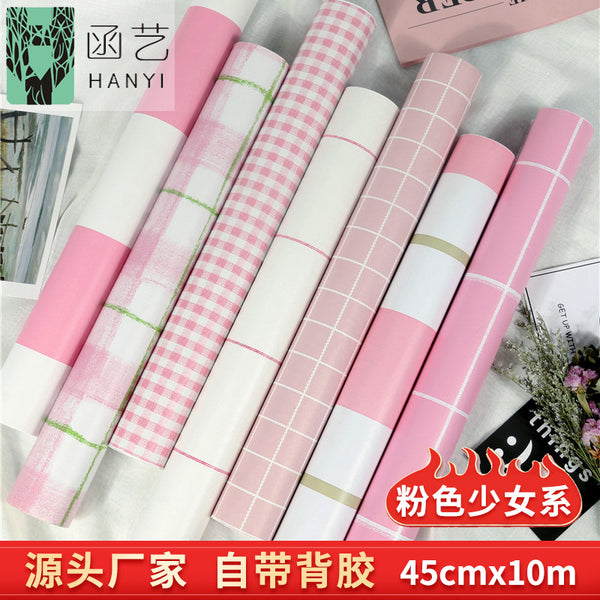 Student ins wind pink plaid self-adhesive wallpaper self-adhesive dormitory pvc striped wallpaper wallpaper