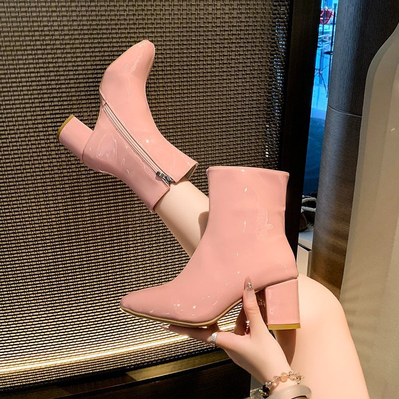 Plus size high heel women's boots 2024 autumn/winter new fashion ankle boots comfortable chunky heel side zip square toe ladies' martin boots