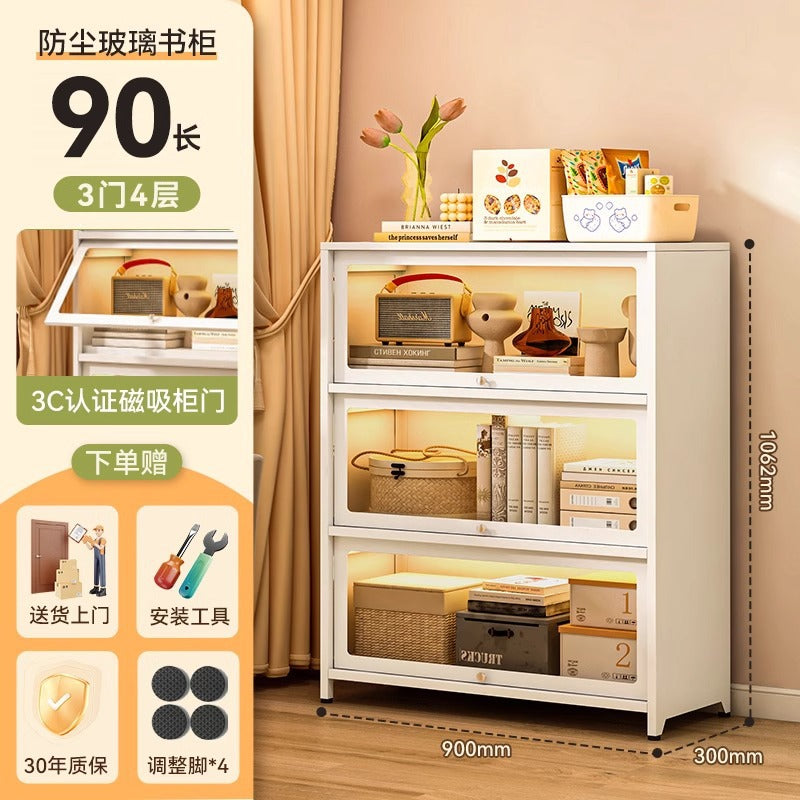 Steel bookcase with glass doors, kids' bookshelf, home living room storage cabinet, dustproof display cabinet, iron art shelf