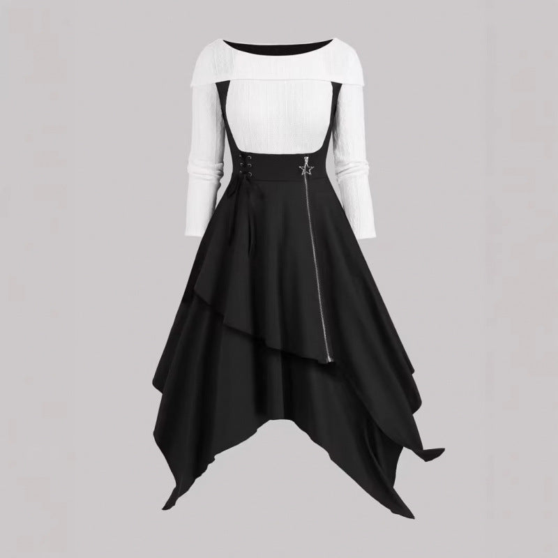 French ruffle trim heavy velvet mini dress - women's autumn/winter  retro style with gold buckle detail, slimming and figure-flattering