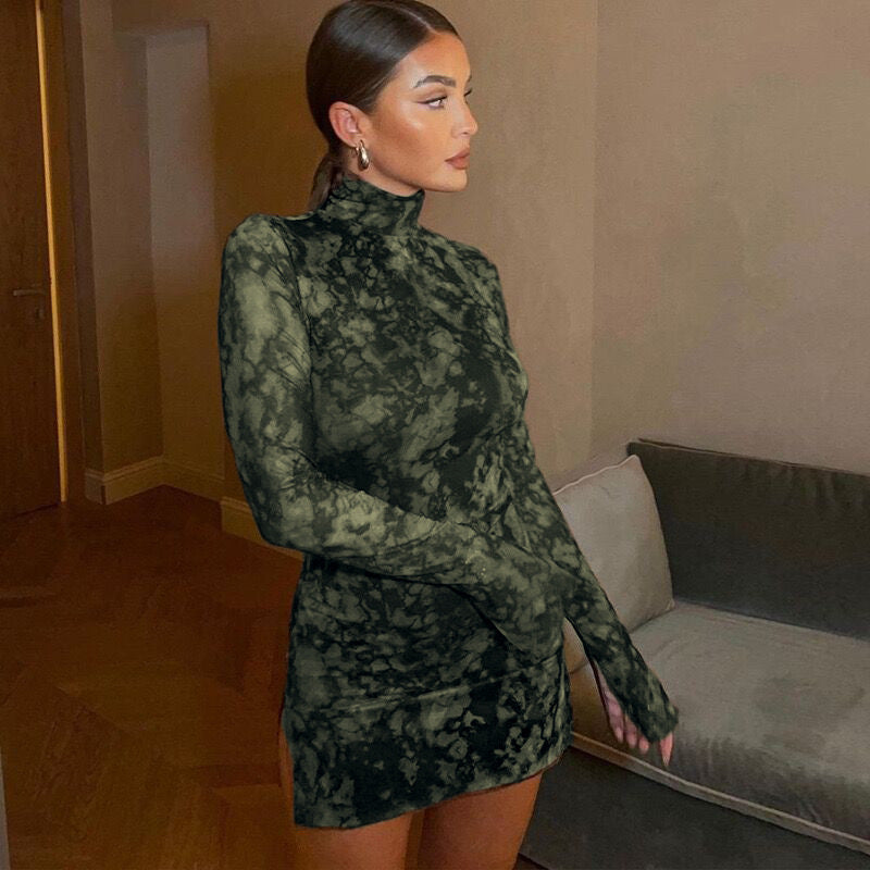 autumn  cross-border fashion dress - european & american style, women's mock neck printed long sleeve slit bodycon dress