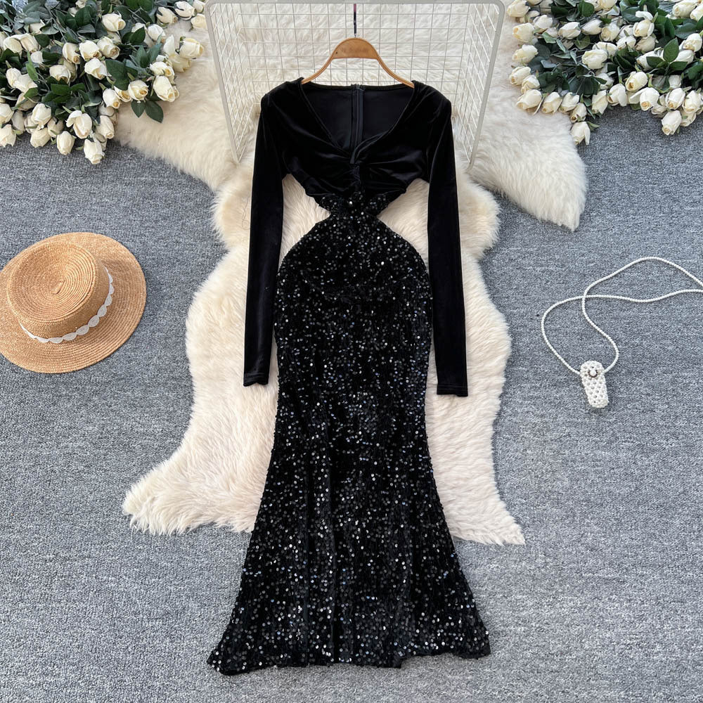 Fashionelegant dinner style black sequindress women's long sleevesv necksilmelegance mermaid dressclassy