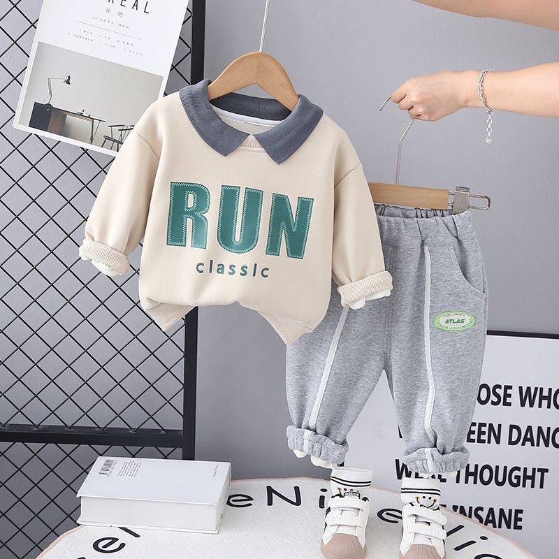 Boys' korean style new autumn/winter fleece-lined set - trendy printed boy's fashionable sweatshirt and sweatpants two-piece outfit
