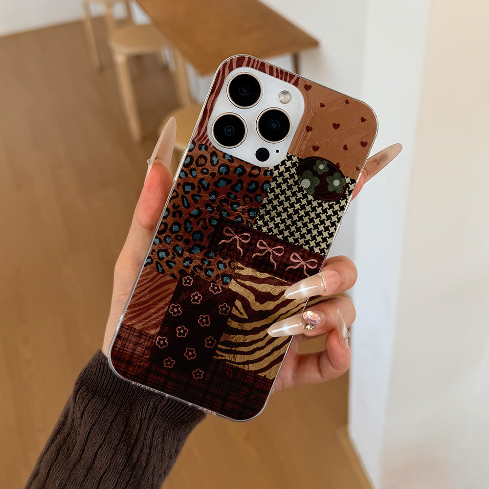 Retro patchwork leopard print mobile phone case suitable for iphone17promax apple 16/15/14 anti-fall soft case wholesale