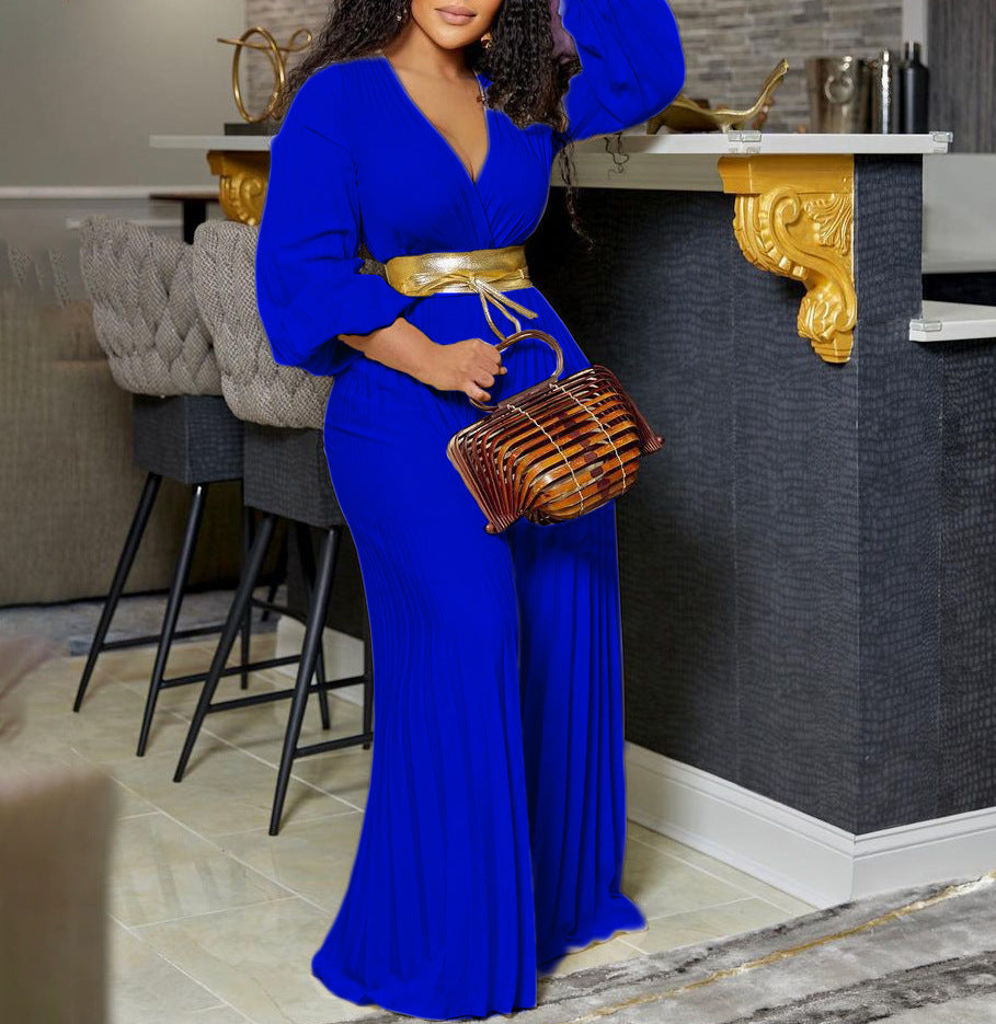 C8468   european and american summer new v-neck sexy tie-up pleated wide-leg plus size foreign trade jumpsuit
