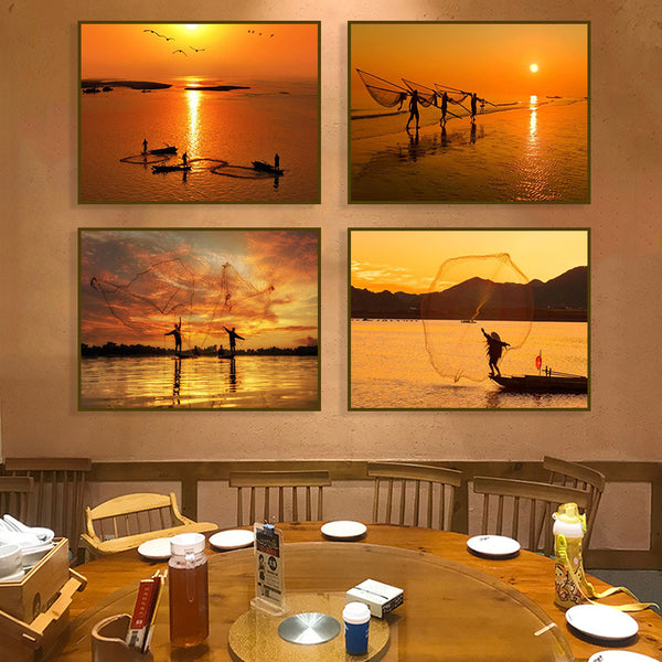 Fisherman throwing net fishing decorative painting at dusk coast scenery hanging painting seafood restaurant hotel wall fishing boat fisherman mural