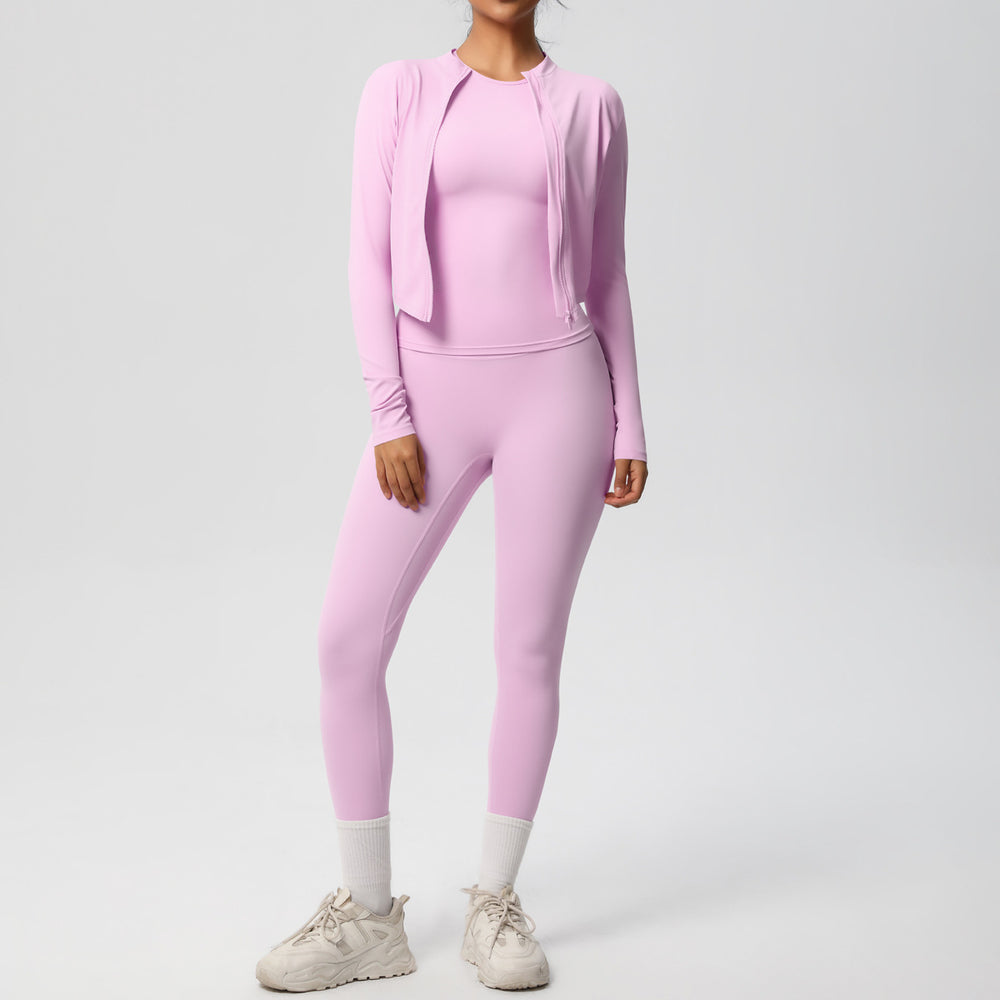 Ready-to-ship cross-border double-sided brushed microfiber seamless, breathable, and skin-friendly three-piece activewear set for women, perfect for running, fitness, and yoga