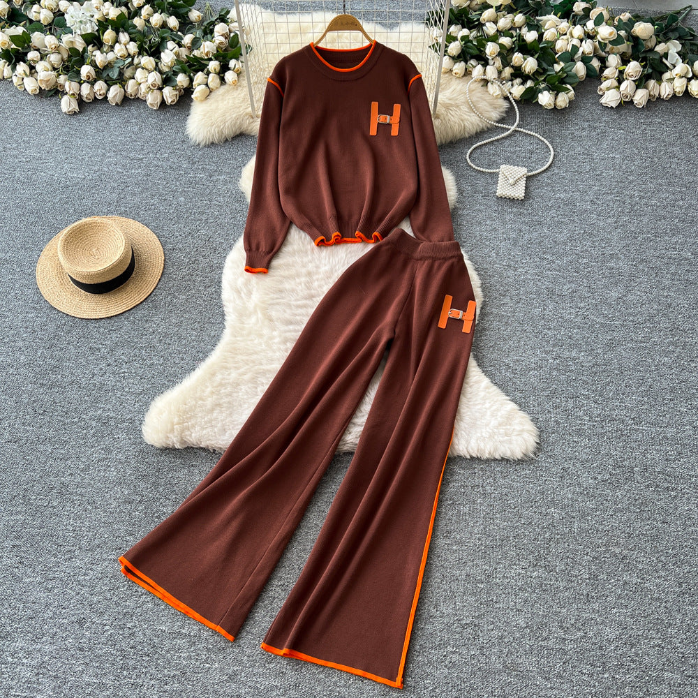 European and american style women's autumn outfit: chic, loose-fit, casual letter embroidered long-sleeve knit top with high-waisted wide-leg pants