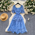 summer french high-end women's formal dress - luxury intricate crochet lace short-sleeve fitted midi dress