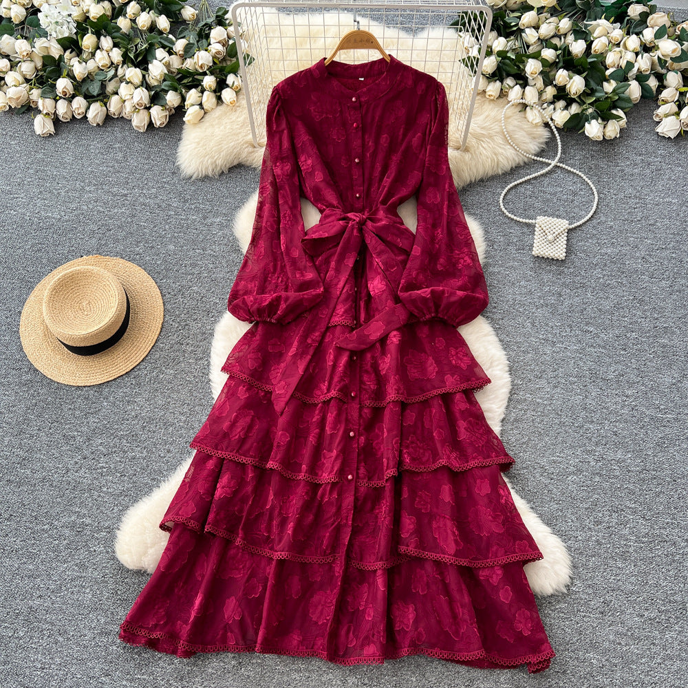French chic lace patchwork tie-waist ruffle hem dress - women's autumn slimming elegant maxi dress