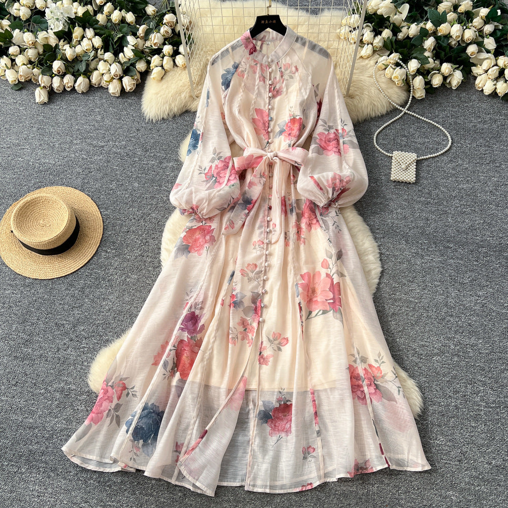French court style dress - women's autumn  - high-end fashion, tie-waist, lantern sleeves, single-breasted long dress
