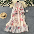 French court style dress - women's autumn  - high-end fashion, tie-waist, lantern sleeves, single-breasted long dress