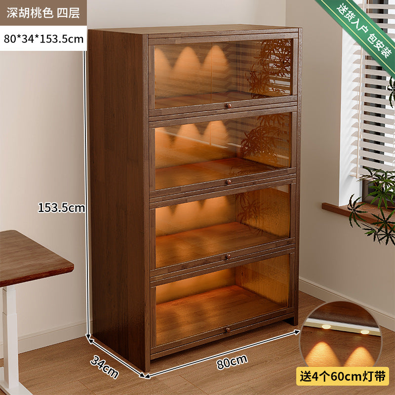 Solid wood dust-proof bookcase integrated against the wall Walnut color storage cabinet Locker Floor storage cabinet Household bookshelf