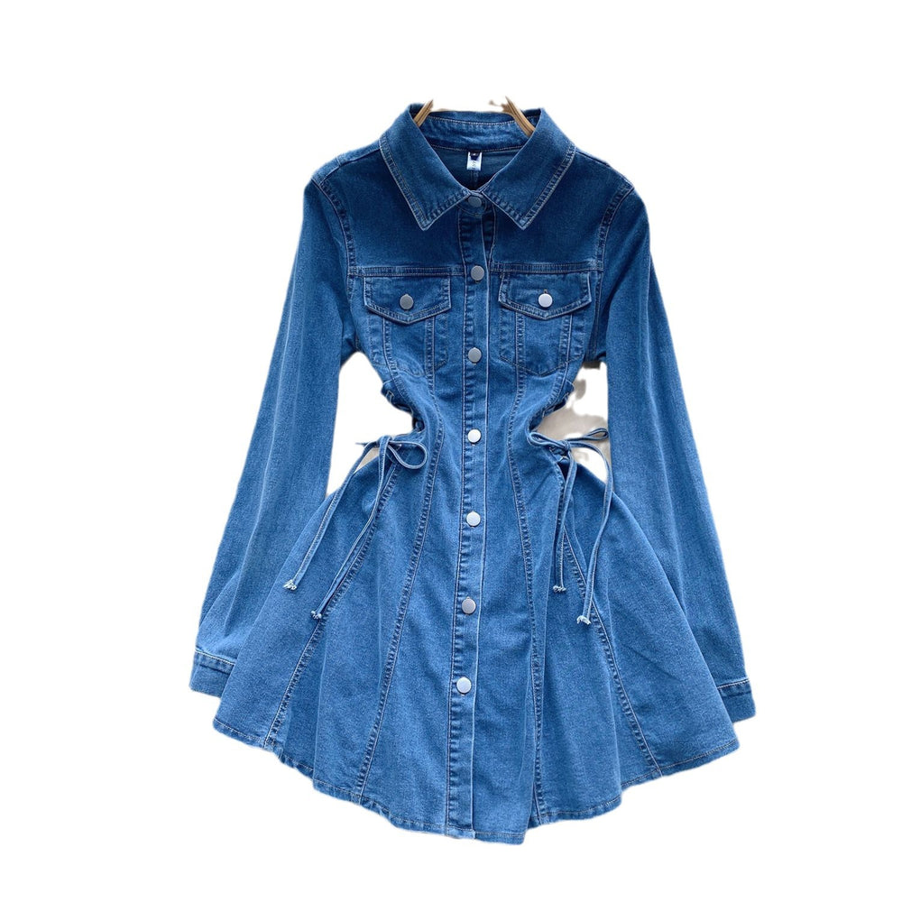 fashionfashion style retro denim skirt waist strap waist elegant buttoned silmshortdress
