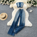Hong kong style casualsuit women's summerclassy sense gradient color sleeveless tube top vest high waist denim wide-leg straight-leg pants
