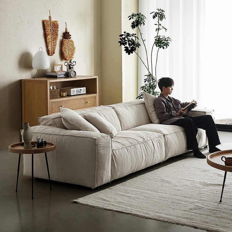 Personalized linen fabric down sofa italian wabi-sabi style casual tofu block combination four-person row sofa