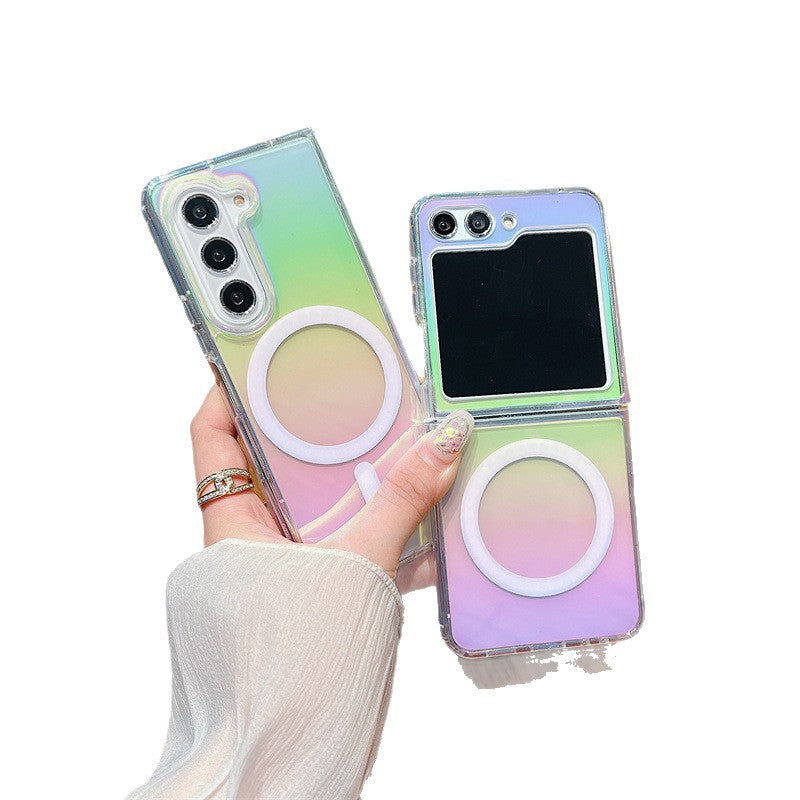 Premium rainbow plated aurora samsung foldable zfold7 magnetic phone case, compatible with zflip7 and zfold5
