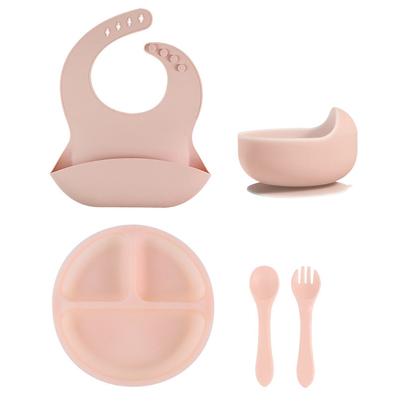 Customized silicone plate set, bib, fork and spoon, baby food supplement bowl 5-piece set, anti-drop suction cup, child feeding tableware