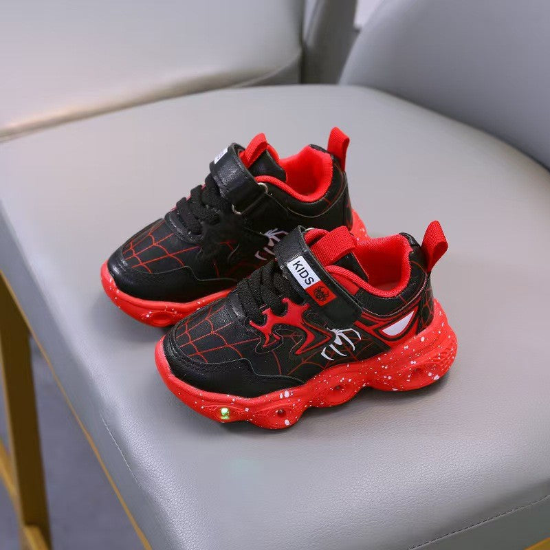 Spring/autumn new korean style leather spider-man led light-up shoes for boys, ages 1-6, athletic casual sneakers
